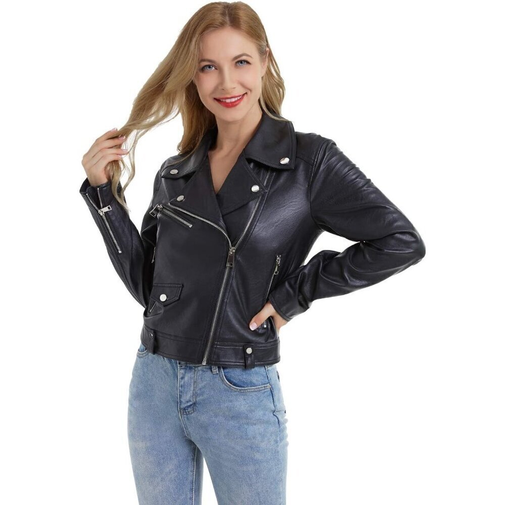 DIASHINY Faux Leather black Jacket Women Crop Short Slim Zip Up Coat Jackets